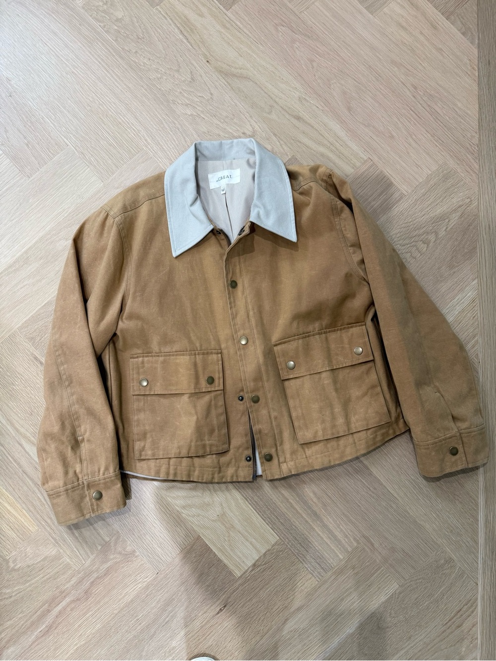 THE GREAT Tan Barn Jacket with Contrast Collar